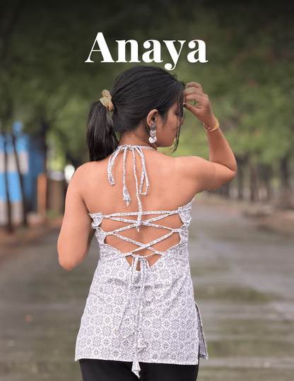 Anaya - White Printed Premium Halter Neck Kurti