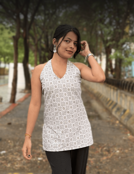 Anaya - White Printed Premium Halter Neck Kurti