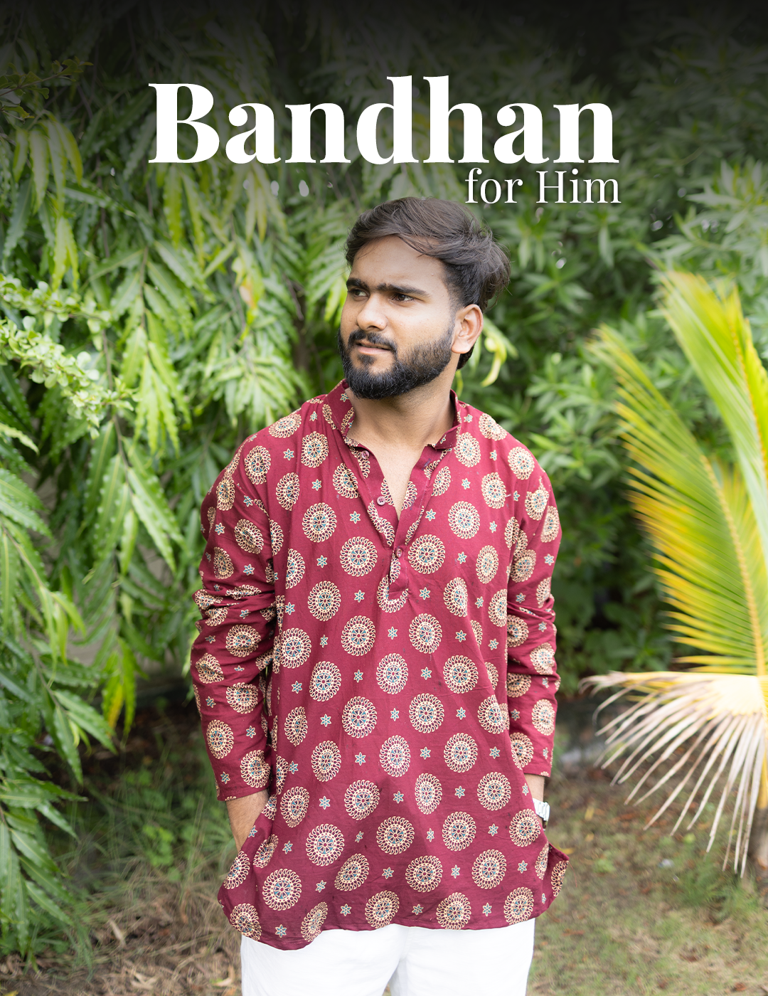 Bandhan – Maroon Printed Cotton Short Kurta for Men