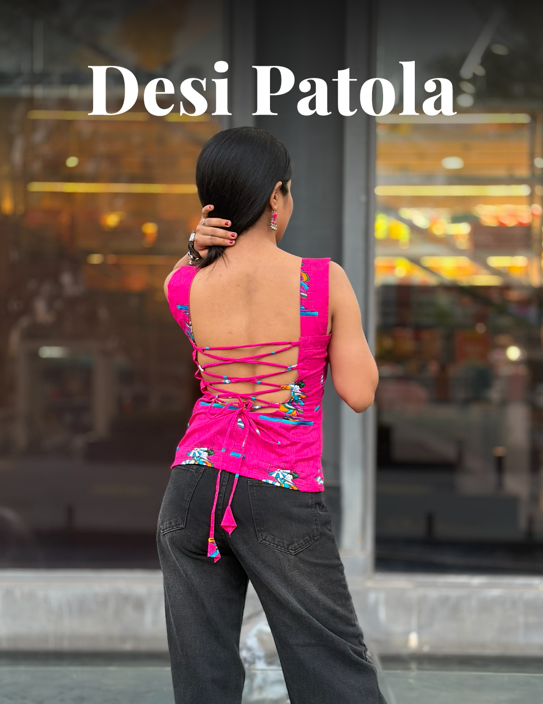Desi Patola – Pink Printed Backless Kurti Top