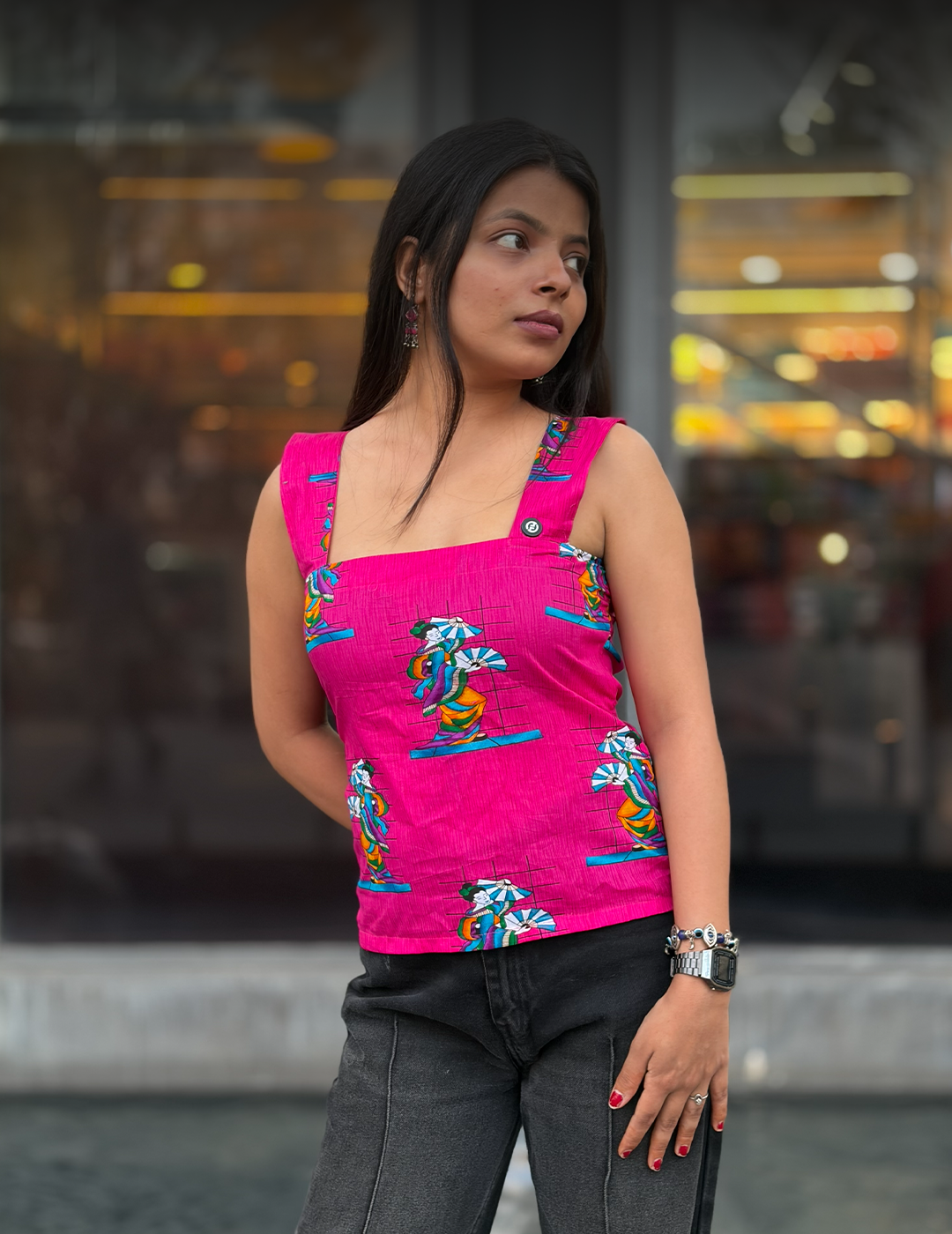 Desi Patola – Pink Printed Backless Kurti Top