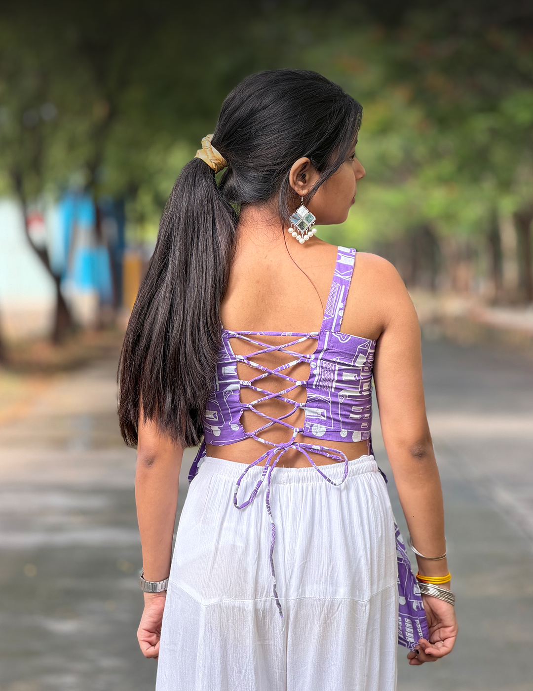 Fiza – Purple Printed Lace-Up Cotton Top