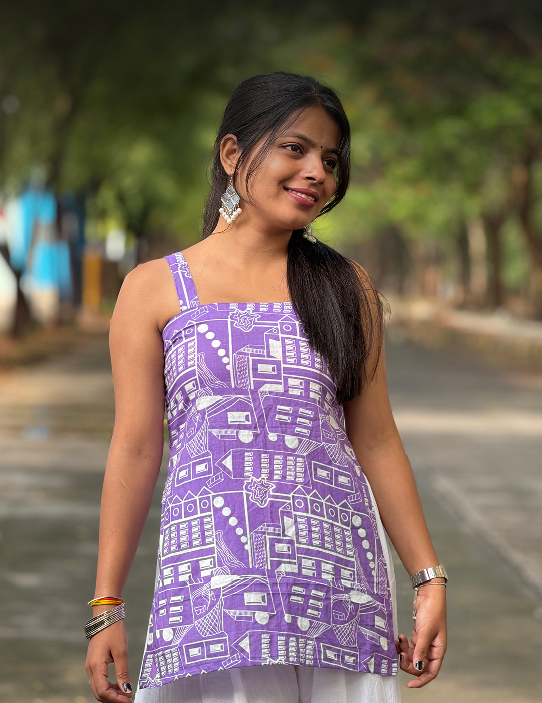 Fiza – Purple Printed Lace-Up Cotton Top