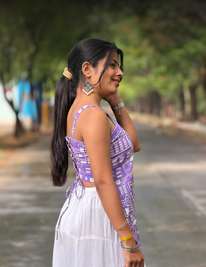 Fiza – Purple Printed Lace-Up Cotton Top