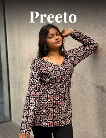 Preeto– Black Printed V-Neck Full Sleeves Premium Cotton Kurti