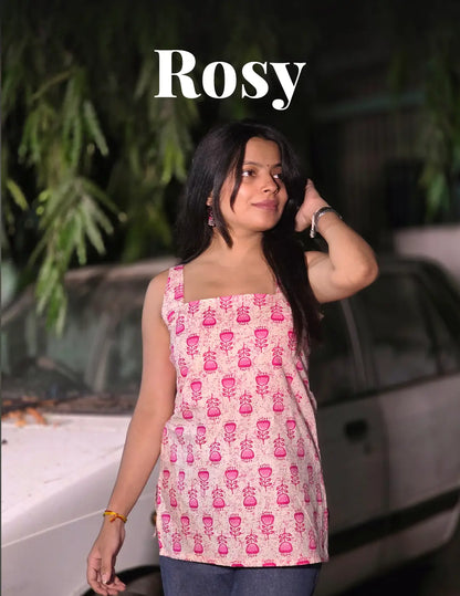 Rosy Pink Floral Printed Sleeveless Premium Cotton Kurti for Women