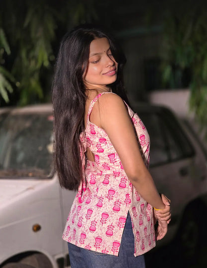 Rosy Pink Floral Printed Sleeveless Premium Cotton Kurti for Women